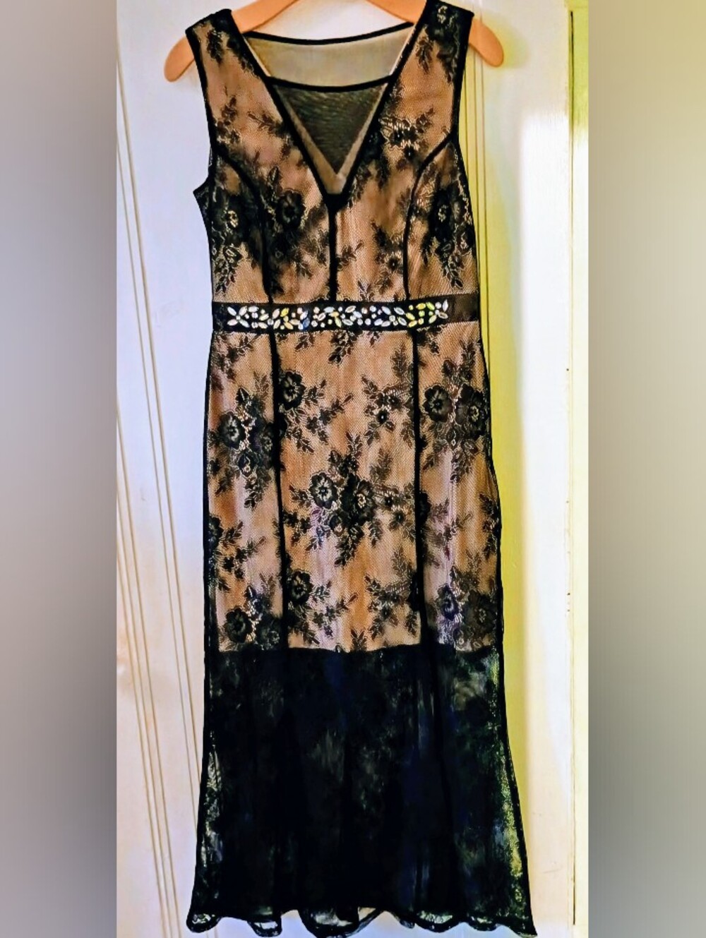 Enfocus Studio Black Lace Overlay Nude Evening Dress